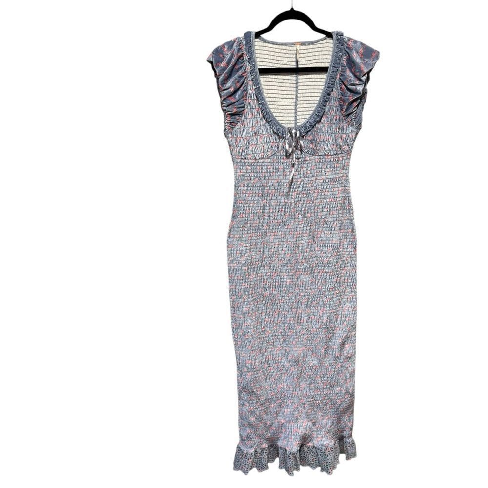 Revolve Free People Mckenna Velvet Midi Dress Smocked Slim Fitted Blue Combo - Picture 3 of 10